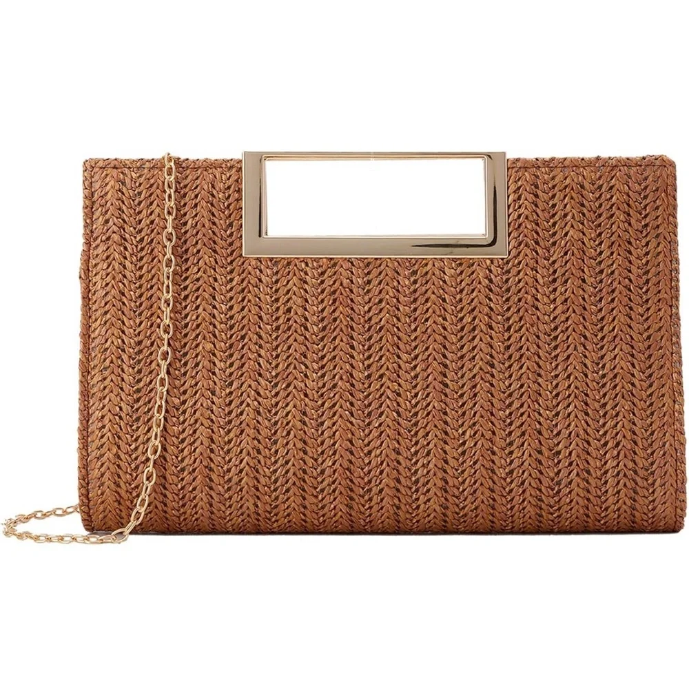 🆕 Elegant Top Handle Straw Clutch / Straw Evening Bag Woven Raffia Crossbody - Picture 1 of 6